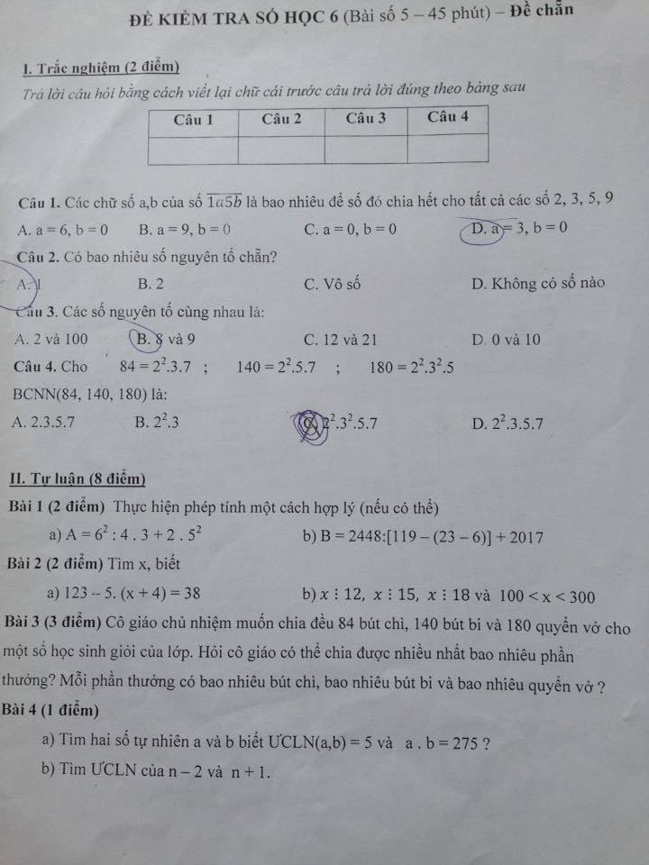 Đề kiểm tra học kỳ 1 toán 6
