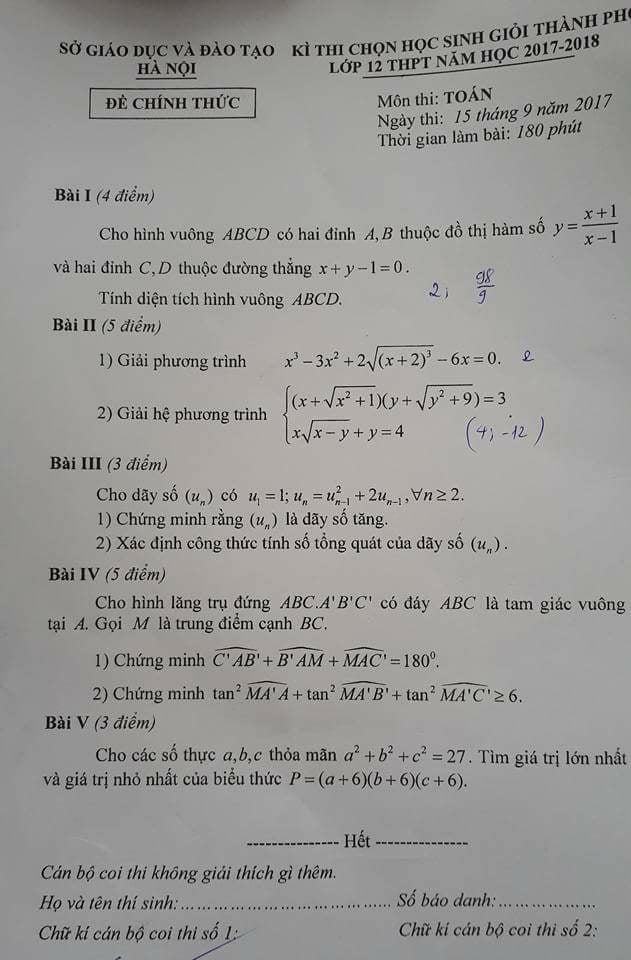 Đề thi chọn học sinh giỏi môn toán - Hà Nội (17-18)