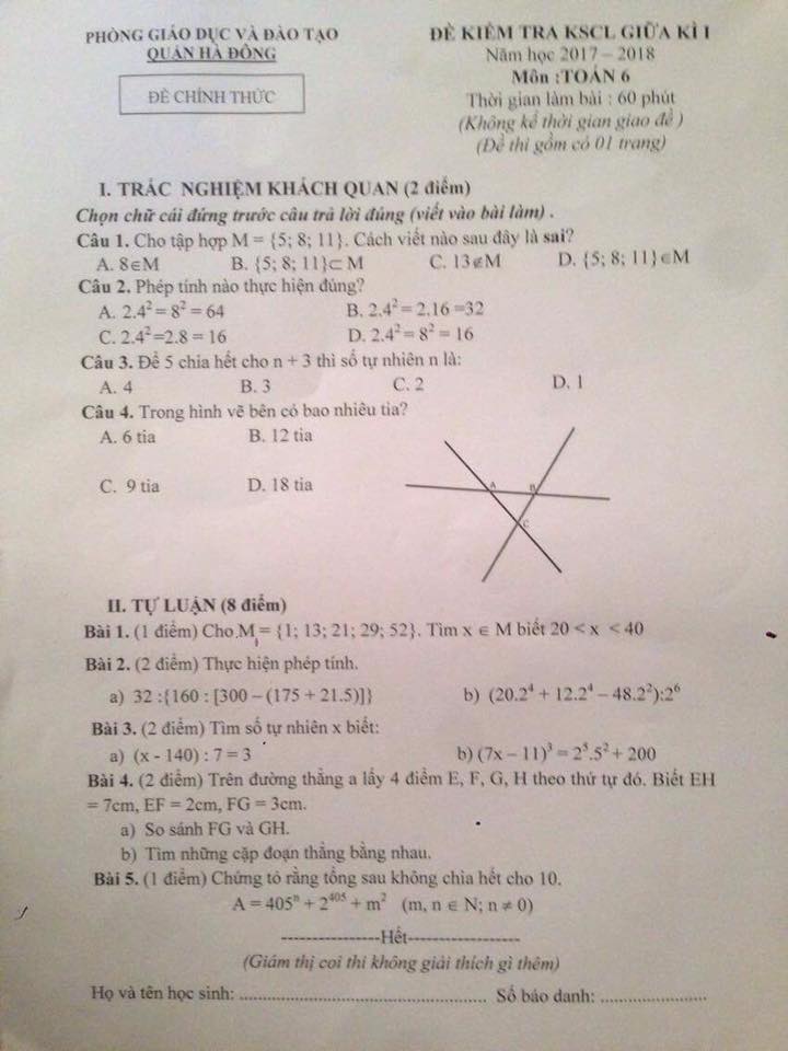 Đề thi giữa học kì toán 6 - quận Hà Đông (17-18)