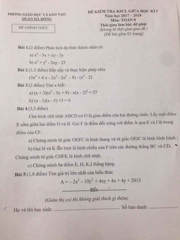 Đề thi giữa học kì toán 8 - quận Hà Đông (17-18)