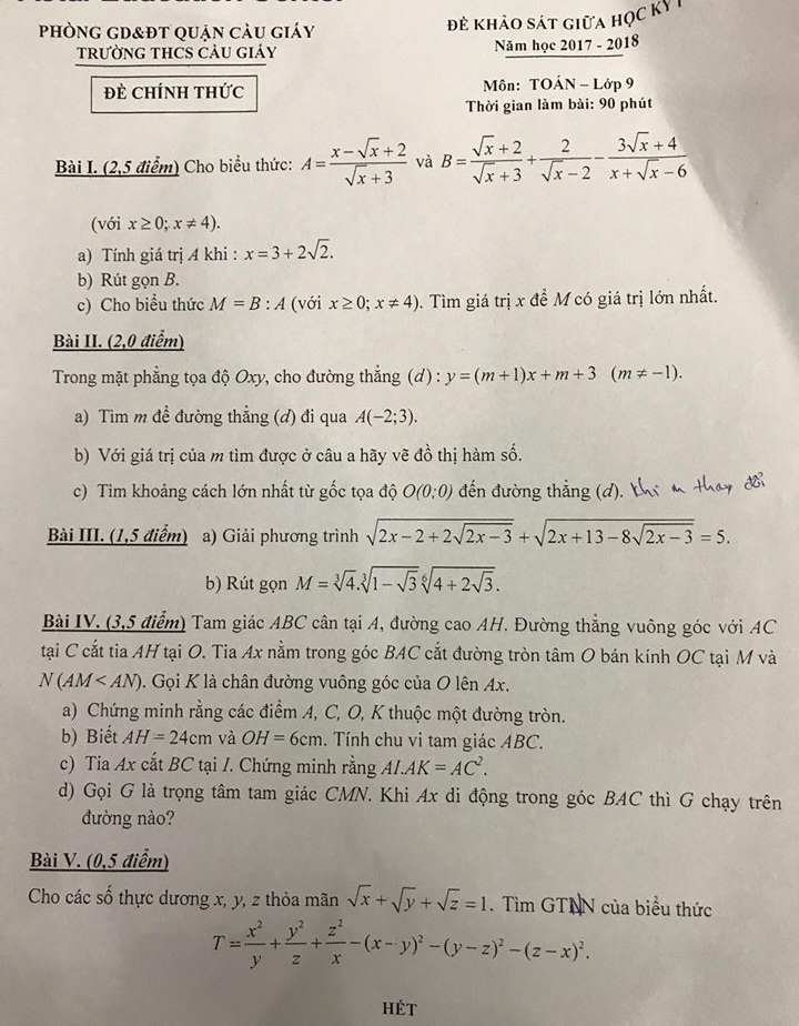 Đề thi giữa học kỳ 1 - Toán 9 - Cầu Giấy - Hà Nội (17-18)
