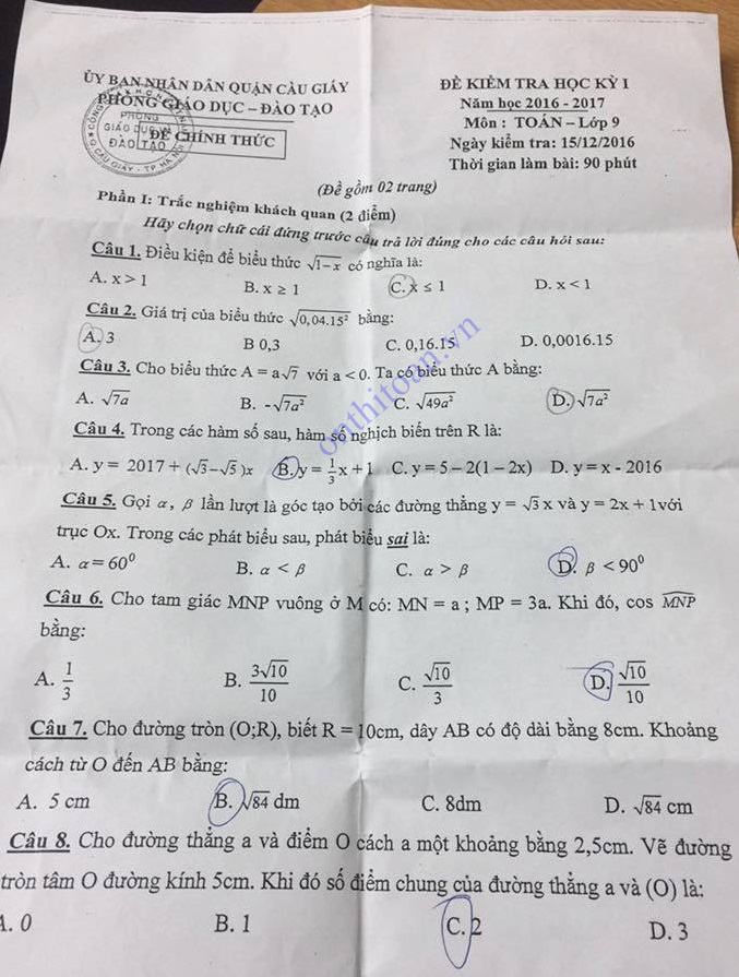 Đề thi học kì 1 lớp 9 môn toán Quận Cầu Giấy Hà Nội 2016-2017