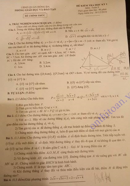 Đề thi học kì 1 lớp 9 môn toán Quận Đống Đa Hà Nội 2016-2017