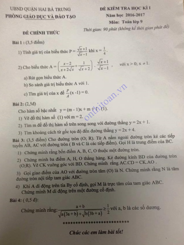 Đề thi học kì 1 lớp 9 môn toán Quận Hai Bà Trưng Hà Nội 2016-2017