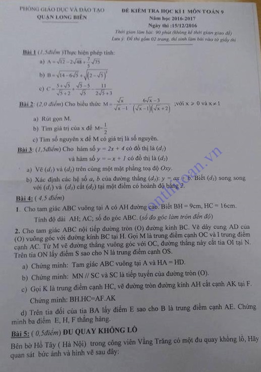 Đề thi học kì 1 lớp 9 môn toán Quận Long Biên Hà Nội 2016-2017