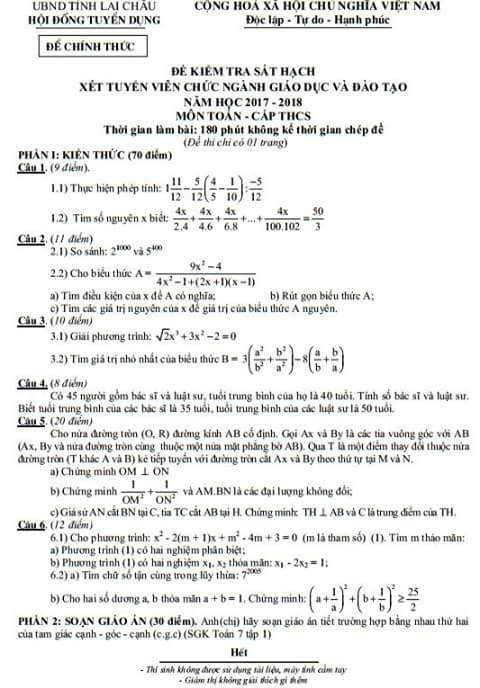 Đề thi sát hạch tuyển dụng viên chức -môn Toán -  tỉnh Lai Châu (17-18)