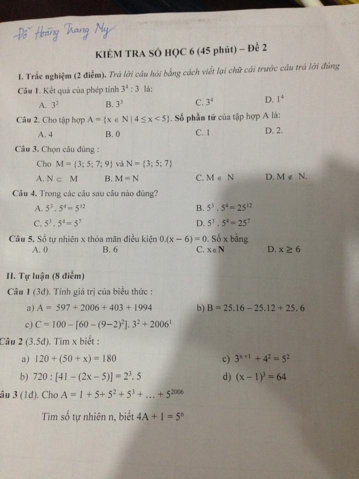 Kiểm tra chương 1- số học 6
