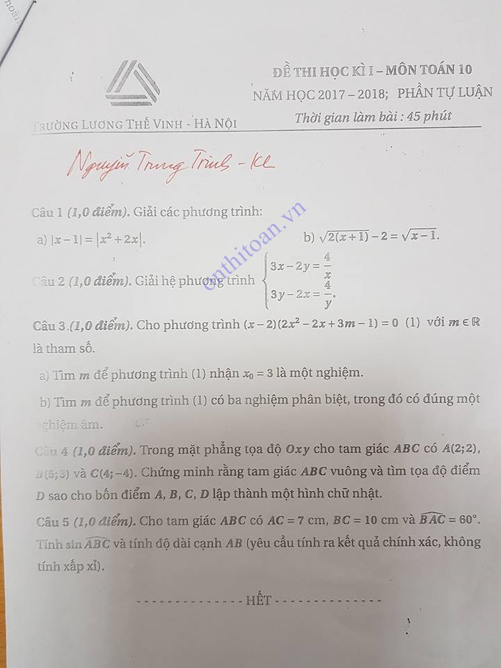 Đề thi học kì 1 lớp 10 môn toán trường THPT Lương Thế Vinh Hà Nội Năm 2017-2018