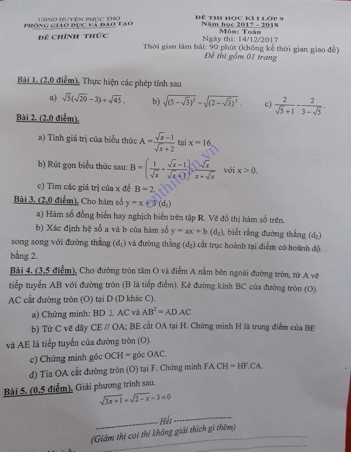 Đề thi học kì 1 môn toán lớp 9 Huyện Phúc Thọ Hà Nội Năm 2017-2018
