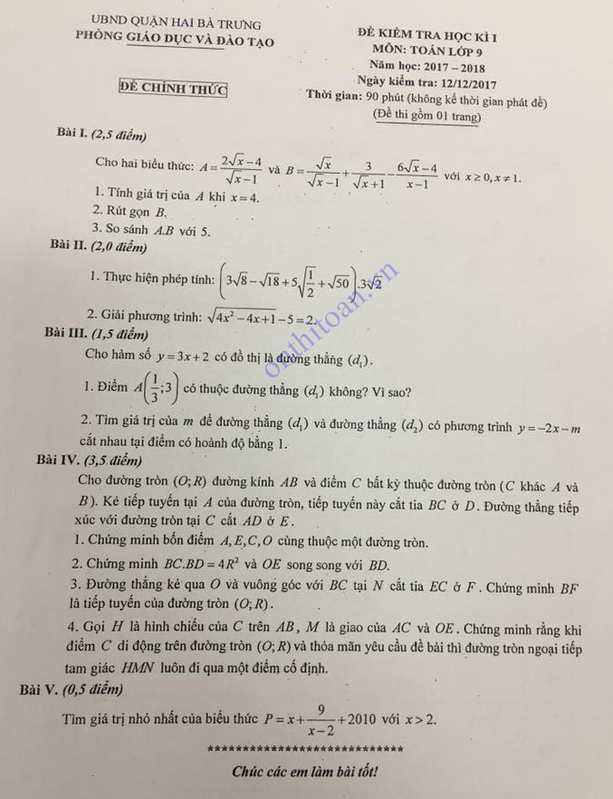 Đề thi học kì 1 môn toán lớp 9 Quận Hai Bà Trưng Hà Nội Năm 2017-2018