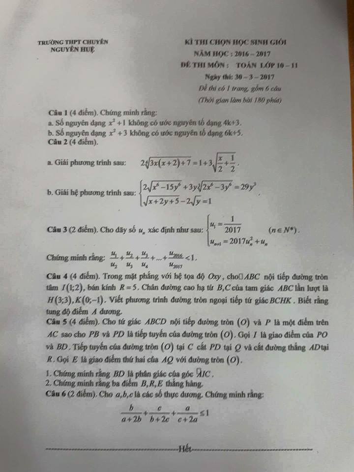 Đề thi học sinh giỏi Chuyên Nguyễn Huệ môn toán 10-11 năm 2017-2018
