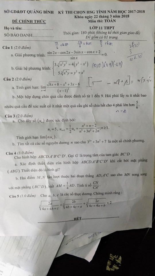 Đề thi học sinh giỏi Quảng Bình môn toán 11 năm 2017-2018