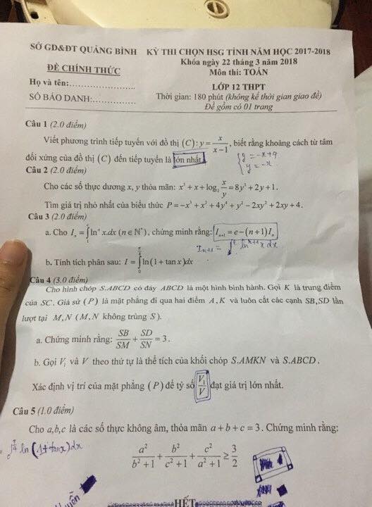 Đề thi học sinh giỏi tỉnh Quảng Bình môn toán lớp 12 năm 2017-2018