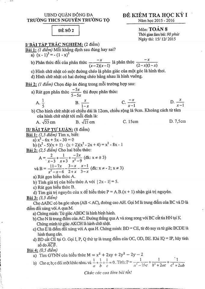 Đề thi học kỳ 1 toán lớp 8 THCS Nguyễn Trường Tộ Quận Đống Đa 2015-2016